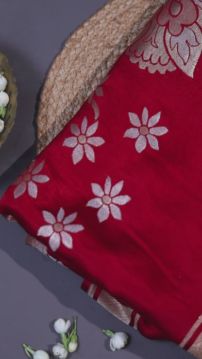 Red Designer Banarasi Katan Satin Saree with Floral Patterns