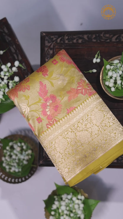Citrine Yellow Kadhwa Floral Banarasi Silk Saree