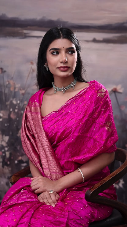 Deep Pink Bandhej Saree with Ikkat Blouse