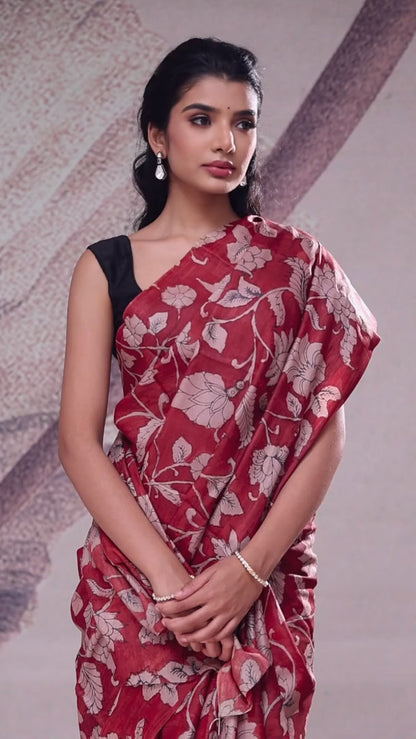 Persian Red Handpainted Kalamkari Silk Saree