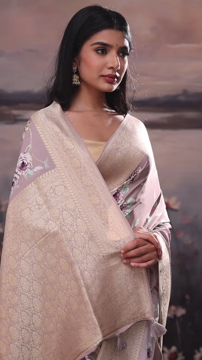 Carolina Plum Floral Satin Saree with Banaras Border