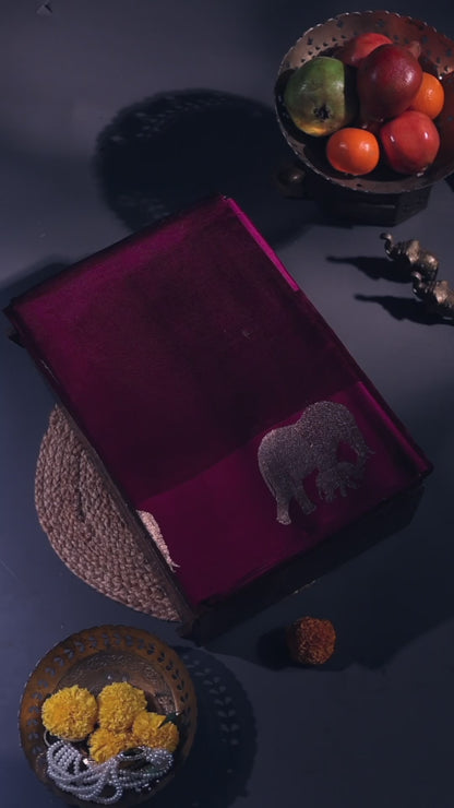 Palatinate Purple Banarasi Goergette Satin Saree with Elephant Border