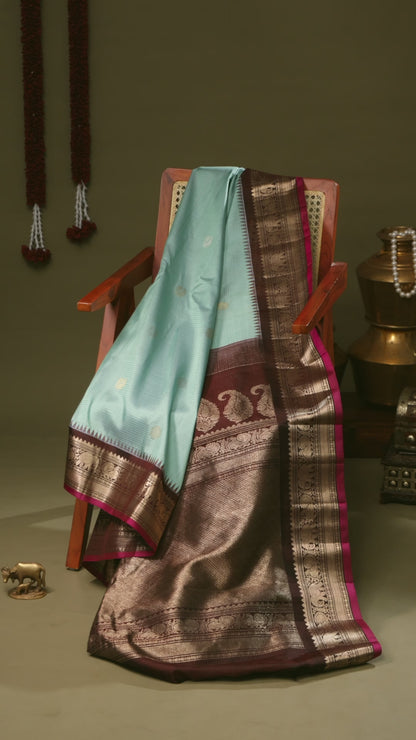 Sea Green Gadwal Silk Saree with Coffee Brown Zari Border
