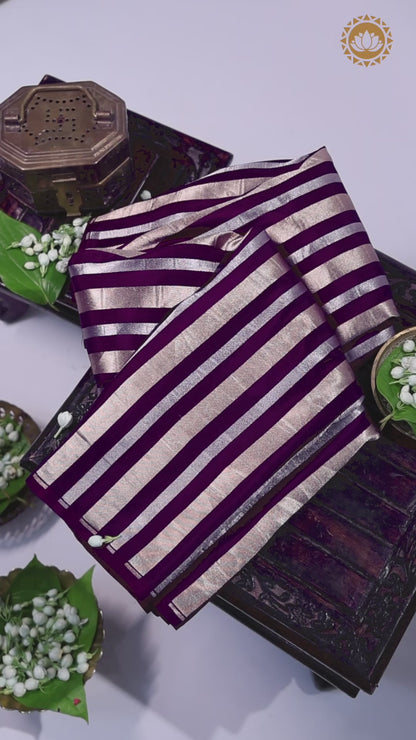 Wine Purple Banarasi Silk with Gold & Silver Stripes