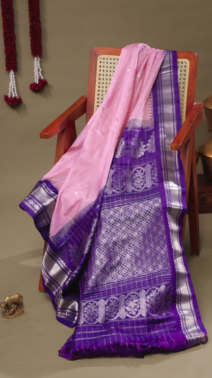 Light Pink Gadwal Silk Saree with Purple Silver Zari Border