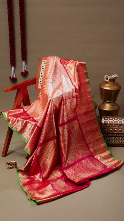 Peach Brocade Gadwal Silk Saree with Vermilion Zari Border and Green Selvedge