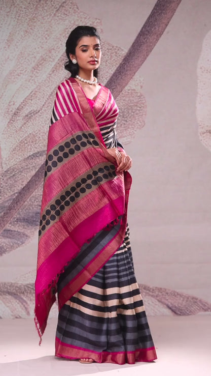 Pink Blue Multi-striped Handloom Tussar Saree