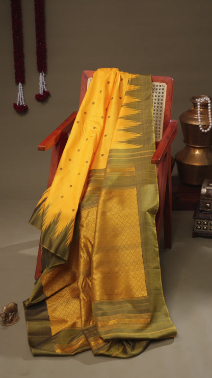 Gadwal Silk Saree in Mustard Yellow with Olive Green Temple Border