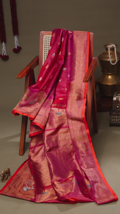 Red Gadwal Silk Saree with Elephant & Peacock Zari Motifs and Contrast Orange Blouse