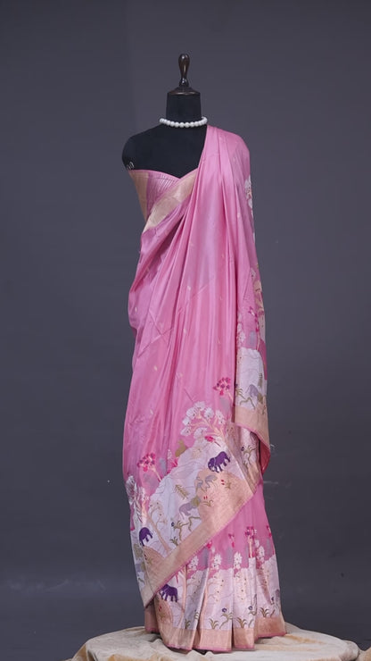 Lavender Pink Banarasi Saree with Shikargah Border
