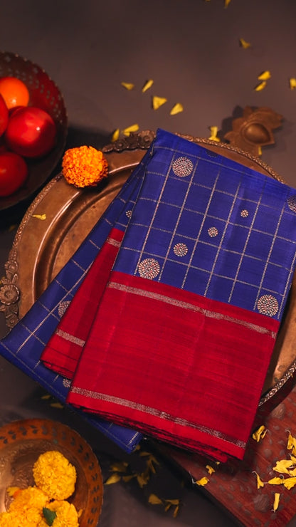 Egyptian Blue Checks Kanchi Saree with Spaced Border