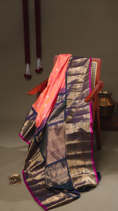 Coral Gadwal Silk Saree with Navy Blue Zari Border and Pink Selvedge