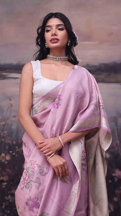 Thistle Purple Digital Print Handloom Tussar Saree