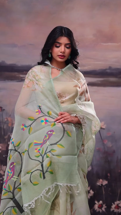 Gin Green Jamdani Print Handloom Kora Cotton Saree