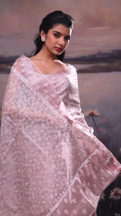 Dusty Pink Embroidery Tissue Saree