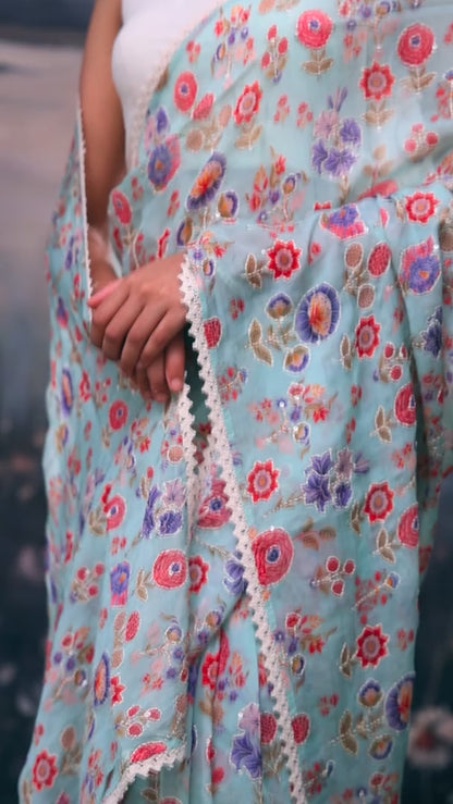 Sky Blue Floral Glass Organza with Chikankari Blouse