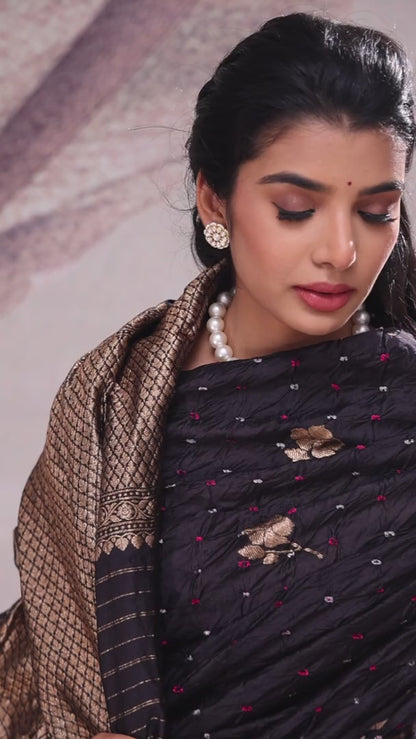 Midnight Black Bandhej Saree with Ikkat Blouse