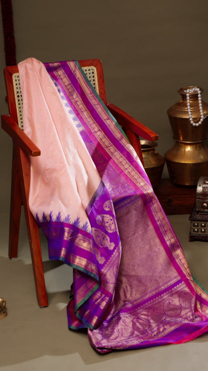 Peach Gadwal Silk Saree with Purple Zari Border and Paisley Pallu