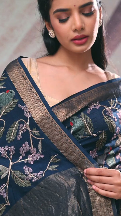 Dark Blue Resham Embroidery Moonga Silk Saree