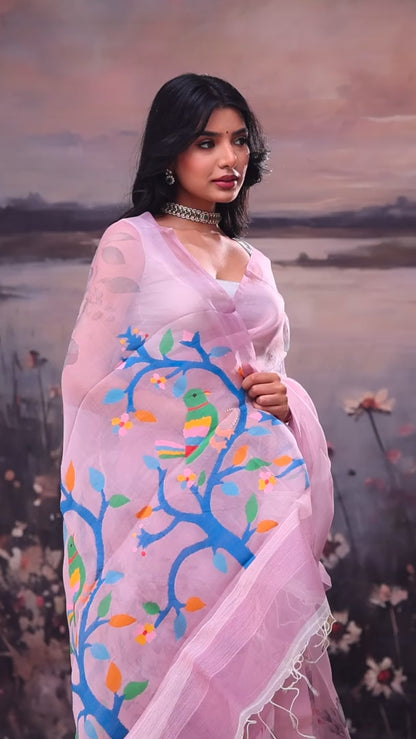 Pale Purple Jamdani Print Handloom Kora Cotton Saree