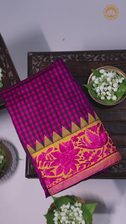 Pink Blue Checks Gadwal Saree with Parsi Border