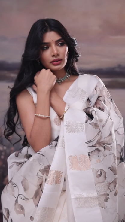 Soft White Floral Print Organza Banarasi Saree