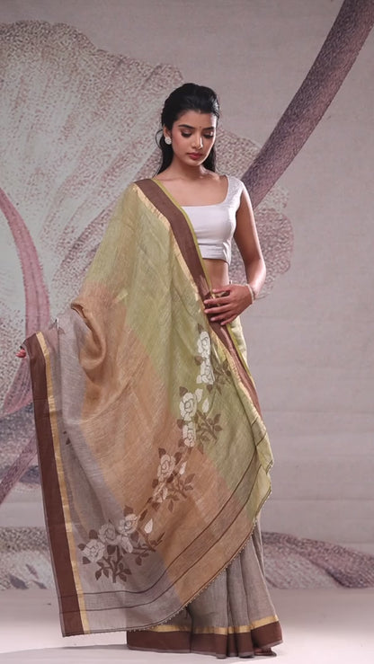 Brown Multicolour Linen Jamdani Saree