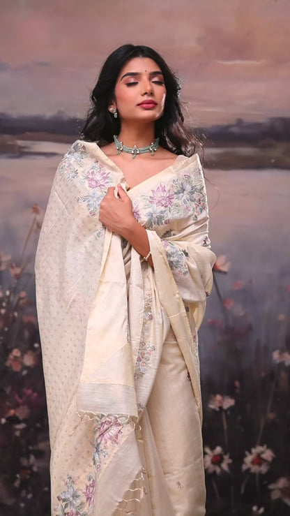 Cream White Embroidery Tissue Linen Saree