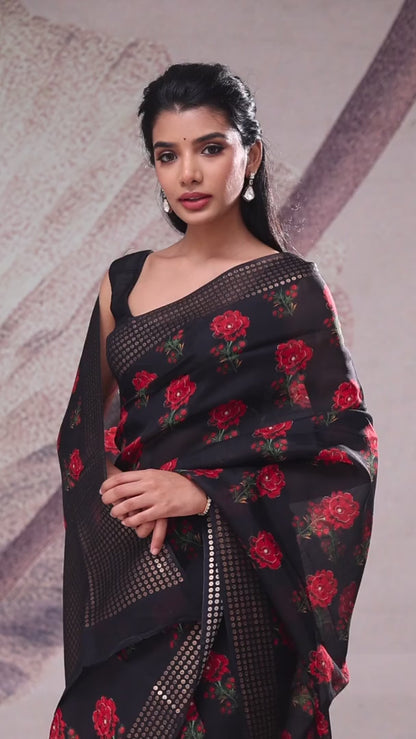 Deep Black Floral Print Bailou Saree