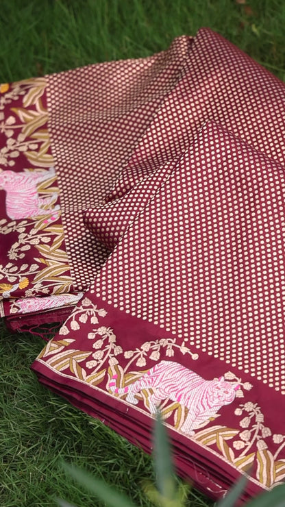 Classic Maroon Banarasi Silk Saree with Shikargah Border