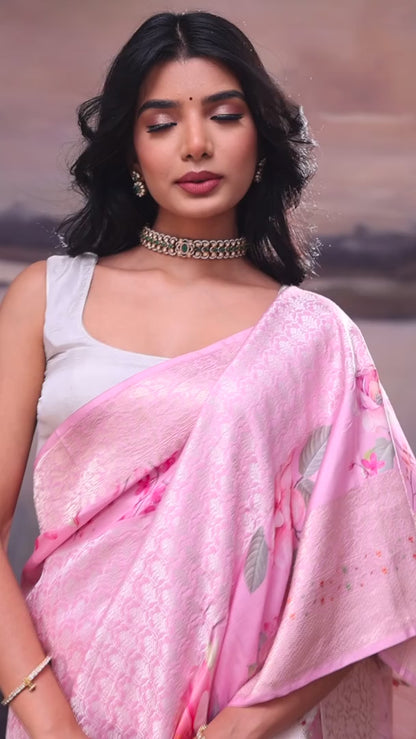 Corfu Pink Floral Print Banarasi Silk Saree