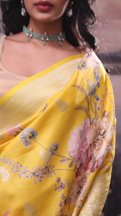 Canary Yellow Floral Print Silk Saree with Banarasi Border