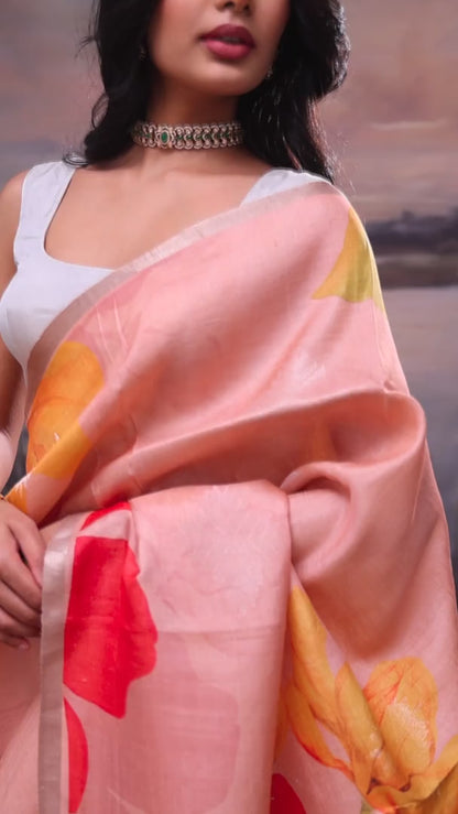 Heather Peach Digital Print Handloom Tussar Saree