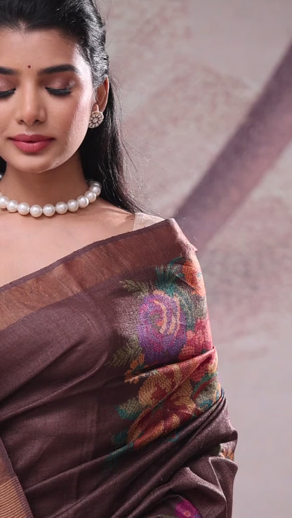 Deep Brown Floral Printed Tussar Saree