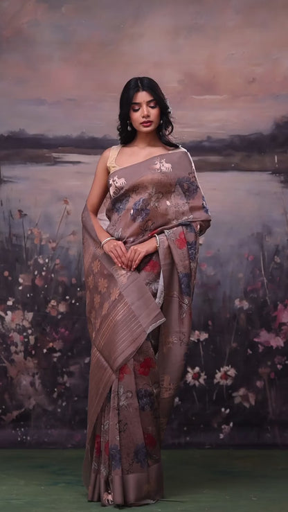 Deep Taupe Digital Print Organza Saree with Banarasi Border