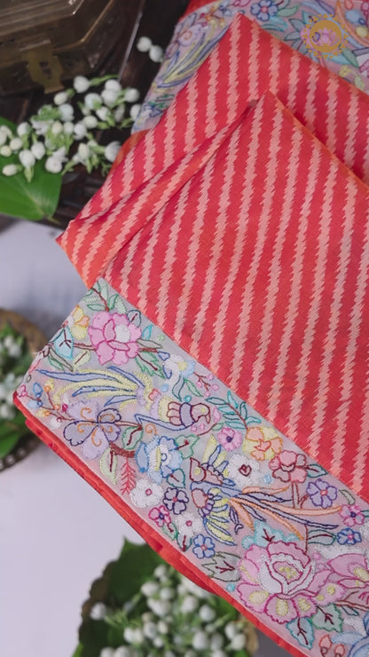 Prismatic Red Lehriya Silk Saree with Parsi Border