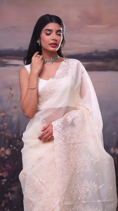Off-White Embroidery Organza Saree
