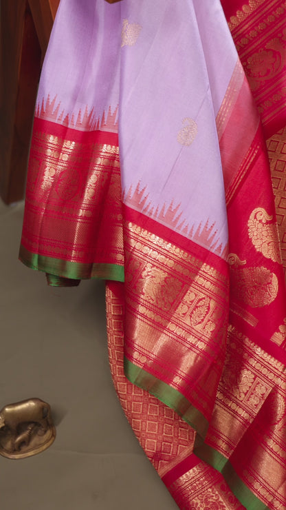 Lavender Gadwal Silk Saree with Red Zari Border and Green Selvedge