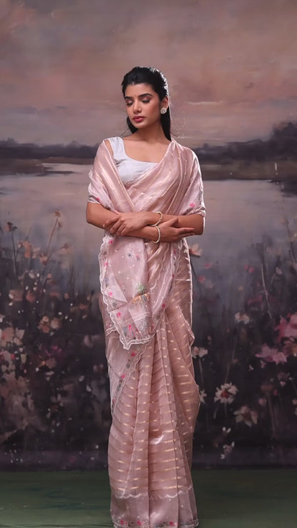 Gold Pink Striped Tissue Saree with Embroidered Border