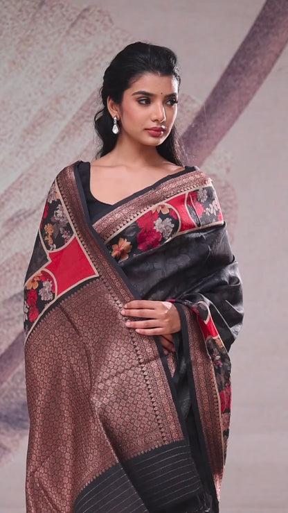 Midnight Black Floral Printed Tussar Saree