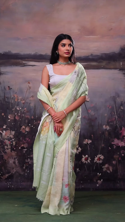 Blue-Green Printed Shaded Linen Saree